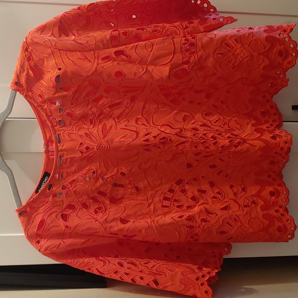 Bebe Laser Cut Floral Cut Cropped blouse with Scalloped Hem